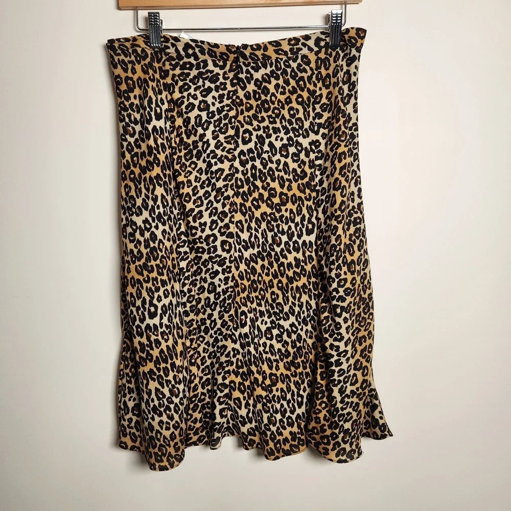 MICHAEL Michael Kors 100% Silk Leopard Print Lined Midi A-Line Skirt Size 8